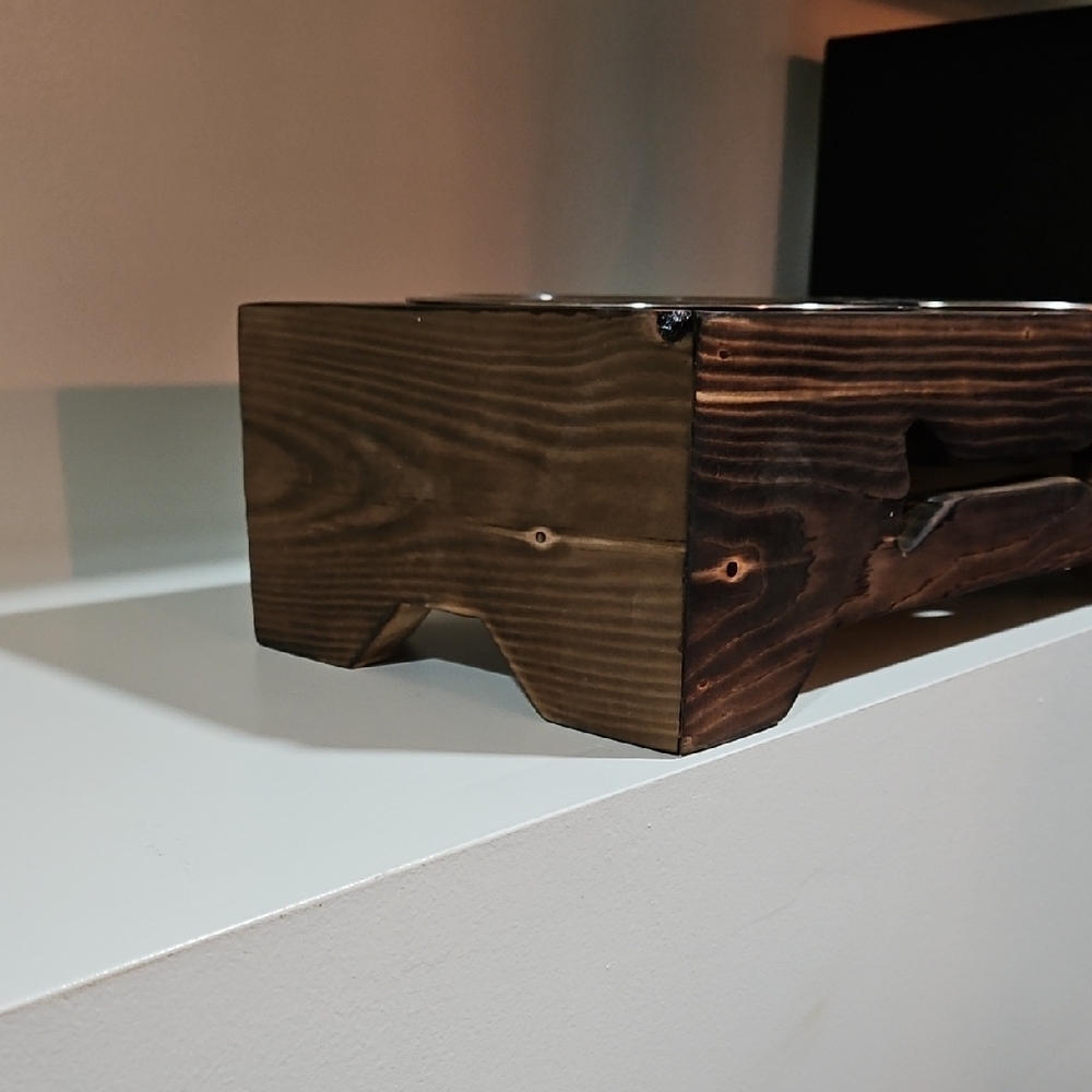 Handmade Wooden Raised Pet Feeder with Stainless Steel Bowls – Burnt Wood Finish - Picture 3 of 4